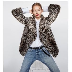 ZARA snow leopard print faux fur coat